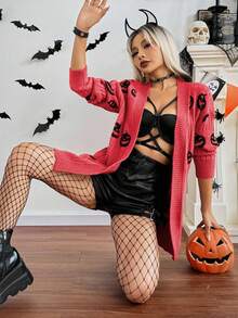 Áo khoác len cardigan dài tay trễ vai họa tiết bí ngô Halloween thời trang thu đông cho nữ - Màu Hồng Tươi - Xem 3