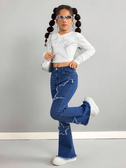 SHEIN Tween Girl Y2K Solid Washed Heart Star Pattern Distressed Flared Denim Flare Leg Jeans, Fall Back To School, Fall Autumn Winter,Back To School Homecoming Streetwear, Bell Bottom Jeans