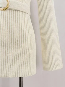 Franclia Women's Winter Solid Color V-Neck Long Sleeves Metal Buckle Belt Waist Elastic Knitted Pullover Sweater, Winter Cozy Fall And Winter - Apricot - View 6