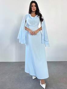 Firerie Women's Elegant Light Blue Floral Lace & Sequin Ruffle Collar Long Sleeve High Waist A-Line Maxi Dress For Autumn,Wedding Guest,Parties,Balls,Dates - Blue - View 9