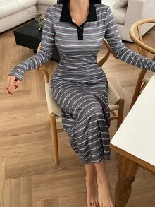 DAZY 条纹丝绒面料撞色领拼接长腰收腰女士家居服睡衣连衣裙，冬季 - 灰色 - 查看 6