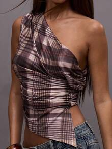 MUSERA 格纹印花垂褶不对称领口褶皱不对称下摆上衣，适合秋冬、夜间外出、街头风、可爱性感优雅的假日派对以及春夏穿着。 - 彩色 - 查看 6