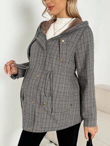 SHEIN Pregnant Women's Plaid Print Thermal-Lined Hooded Pocket 3-In-1 Long Sleeve Jacket, Autumn/Winter Plus Size Jackets Flannels For Women Shackets For Women Fall Women Clothes Maternity Clothes Fall Winter