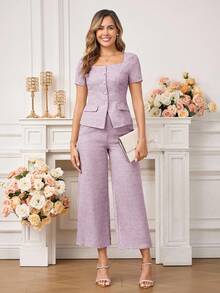 Gownix Elegant Commuter Square Neck Short Sleeve Blouse, Summer - Mauve Purple - View 8