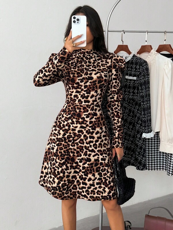 Brown Corset Teen Girl Elegant Clasi Leopard Print Mock Neck Gigot Long Sleeve A-Line Dress,For Autumn Winter Fall/Winter Dresses,Suitable For Casual Everyday Wear, Great For Casual & Daily Wear & School Daily, Elegant Parties Or Birthday Parties, For Christmas Party, Mom And Daughter Matching,Sister And Me Matching Leopard Print Dress