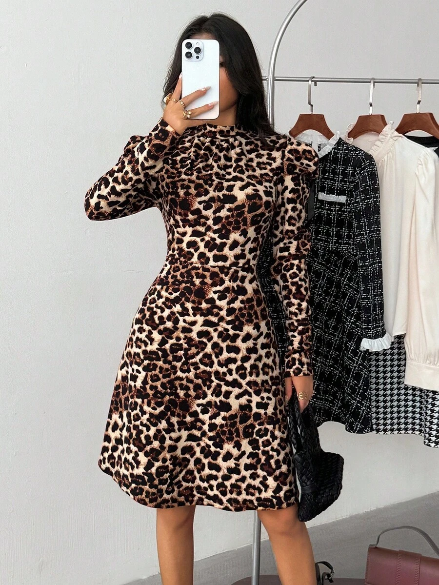 Brown Corset Teen Girl Elegant Clasi Leopard Print Mock Neck Gigot Long Sleeve A-Line Dress,For Autumn Winter Fall/Winter Dresses,Suitable For Casual Everyday Wear, Great For Casual & Daily Wear & School Daily, Elegant Parties Or Birthday Parties, For Christmas Party, Mom And Daughter Matching,Sister And Me Matching Leopard Print Dress