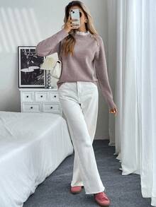 SHEIN LUNE 全新花卉装饰圆领宽松休闲女式毛衣 - 卡其色 - 查看 3