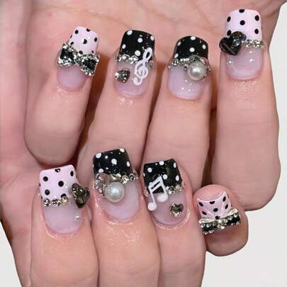 ROMWE Kawaii Cute Kitty Paw, Romantic Heart, Ballerina Bow, White Wing, Metal Cross Decorated Handmade False Nails, Mass-Produced Energetic Girl Nail Accessories, Suitable For Daily Outing And Dates