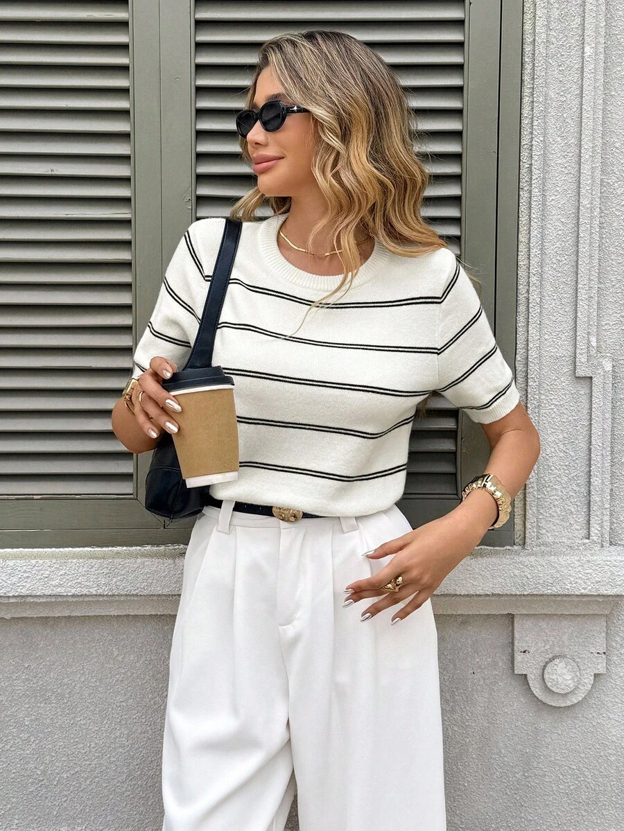 Serisse Blusa de punto casual de cuello redondo y manga corta a rayas para mujer