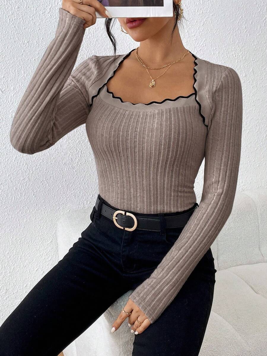 SHEIN Frenchy 女士休闲通勤撞色领子紧身衣 - 卡其色 - 查看 1