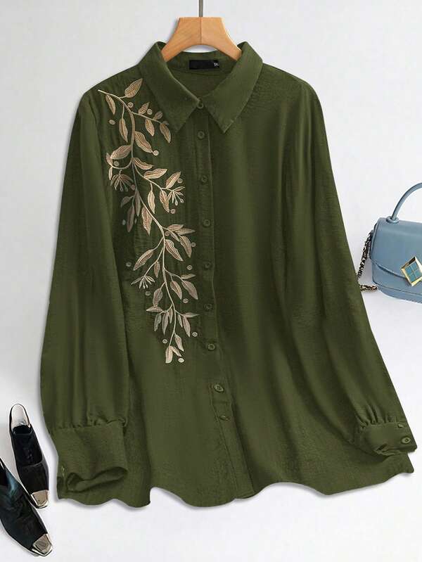 Lacomfia Plus Size Casual Floral Embroidered Shirt, Autumn