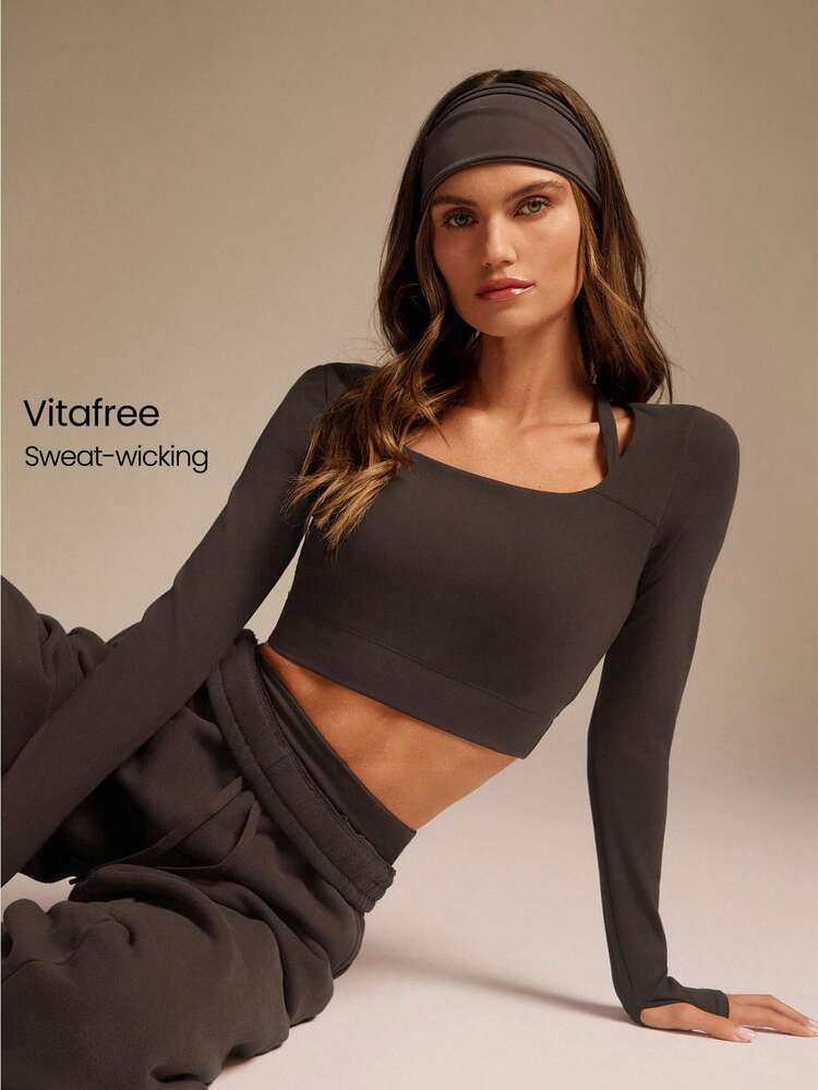 Slim Fit Warm Crop Length Long-Sleeve Top With Thumbholes Removable Padding Yoga Pilates Daily Active Wear Sweat-Wicking
