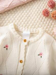 SHEIN Baby Mädchen Blumen Stickerei Knopfleiste Rundhals Langarm Romper Herbst Winter Kleidung für Frauen - Beige - Übersicht 5
