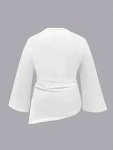 INAWLY Camiseta casual de mujer talla grande con cuello redondo, mangas acampanadas, fruncido y bajo asimétrico de unicolor - Blanco - Ver 2