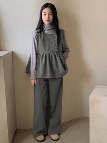 DAZY 2pcs Tween Girls Fall Outfit - Sleeveless Shirt Vest + Pants Set - Grey - View 4