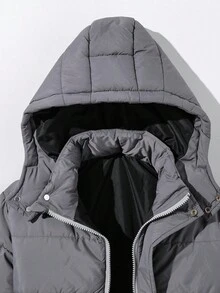 1pc Men's Winter Casual Grey Cotton Jacket,School Sporty Stand Collar Hooded Loose Fit Long Sleeve Padded Quilted Pockets Versatile Outdoor Outwear - Grey - View 5