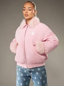 Missguided x Playboy 超大号羽绒冬季大衣，配有人造毛领和袖口，带衬垫外套 - 粉色 - 查看 3