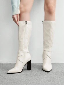 CUCCOO BIZCHIC 优雅尖头高跟踝靴，米色高品质通勤靴，时尚百搭的新款高筒靴，展现女性魅力与优雅 - 米色 - 查看 4