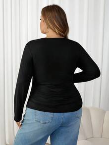 SHEIN CURVE+ 冬季加厚圆领修身长袖保暖T恤，休闲日常穿着，适合节日和感恩节穿着 - 黑色 - 查看 2