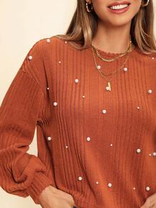 Coeurva Camiseta tejida de canalé con diseño de perla - Marrón - Ver 6