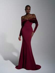 Elitara Elegant, Romantic, Dignified, Minimalist, Wine Red, Knitted Elastic Fabric, Velvet Patchwork, Off Shoulder, Long Sleeve, Fishtail Hem, Trailing, Fashionable, Influencer, Holiday, Resort, Birthday Party, Wedding, Bridesmaid Dress, Formal Gown, Women's Evening Dress