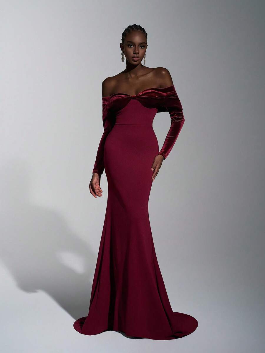Elitara Elegant, Romantic, Dignified, Minimalist, Wine Red, Knitted Elastic Fabric, Velvet Patchwork, Off Shoulder, Long Sleeve, Fishtail Hem, Trailing, Fashionable, Influencer, Holiday, Resort, Birthday Party, Wedding, Bridesmaid Dress, Formal Gown, Women's Evening Dress