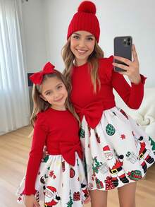 SHEIN Dziewczęca dzianinowa sukienka casualowa z okrągłym dekoltem - Czerwony - Zobacz 2