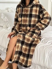 DAZY Bata de mujer con estampado de cuadros, de felpa, cálida y acogedora para el invierno