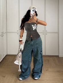 StreetHx Women's Street Style Vertical Striped Letter Print Tube Top - Multicolor - View 3