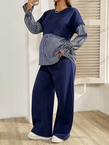 SHEIN 2件套孕妇条纹印花圆领长袖上衣和阔腿裤套装 - 藏蓝色 - 查看 5