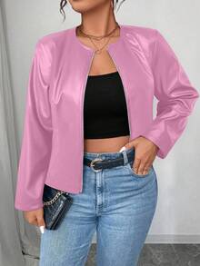 SHEIN PETITE CURVE Plus Size Women's Classic Versatile PU Leather Jacket, Petite Series