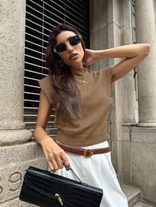 Firerie Elegant High Neck Loose Casual Versatile Sleeveless Knit Sweater Vest Going Out Tops Women,Tops For School In Fall/Winter - Camel - View 9