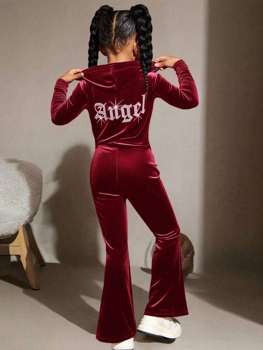 SHEIN 青少年女孩秋冬休闲时尚百搭针织天鹅绒连帽拉链后钻修身喇叭裤，周末休闲外出，节日派对，圣诞节 - 酒紅色 - 查看 1