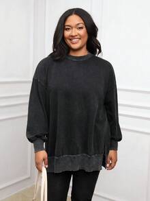 SHEIN PETITE CURVE Plus Size Solid Color Round Neck Casual Versatile Long Sleeve Sweatshirt Winter Clothes Women Rave Outfits Winter Clothes For Women Tops Hoodies Plus Size Sweatshirts Oversized Tops Full Length Tops Basic Tops