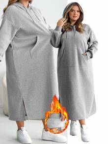 SHEIN CURVE+ 大码女式落肩长袖休闲灰色针织连帽长款运动衫连衣裙 - 淺灰色 - 查看 2