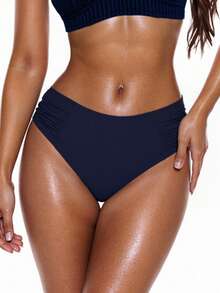Swim Basics Quần Bikini Xếp Ly Màu Trơn Cho Nữ, Đi Biển Mùa Hè - Màu xanh hải quân - Xem 1