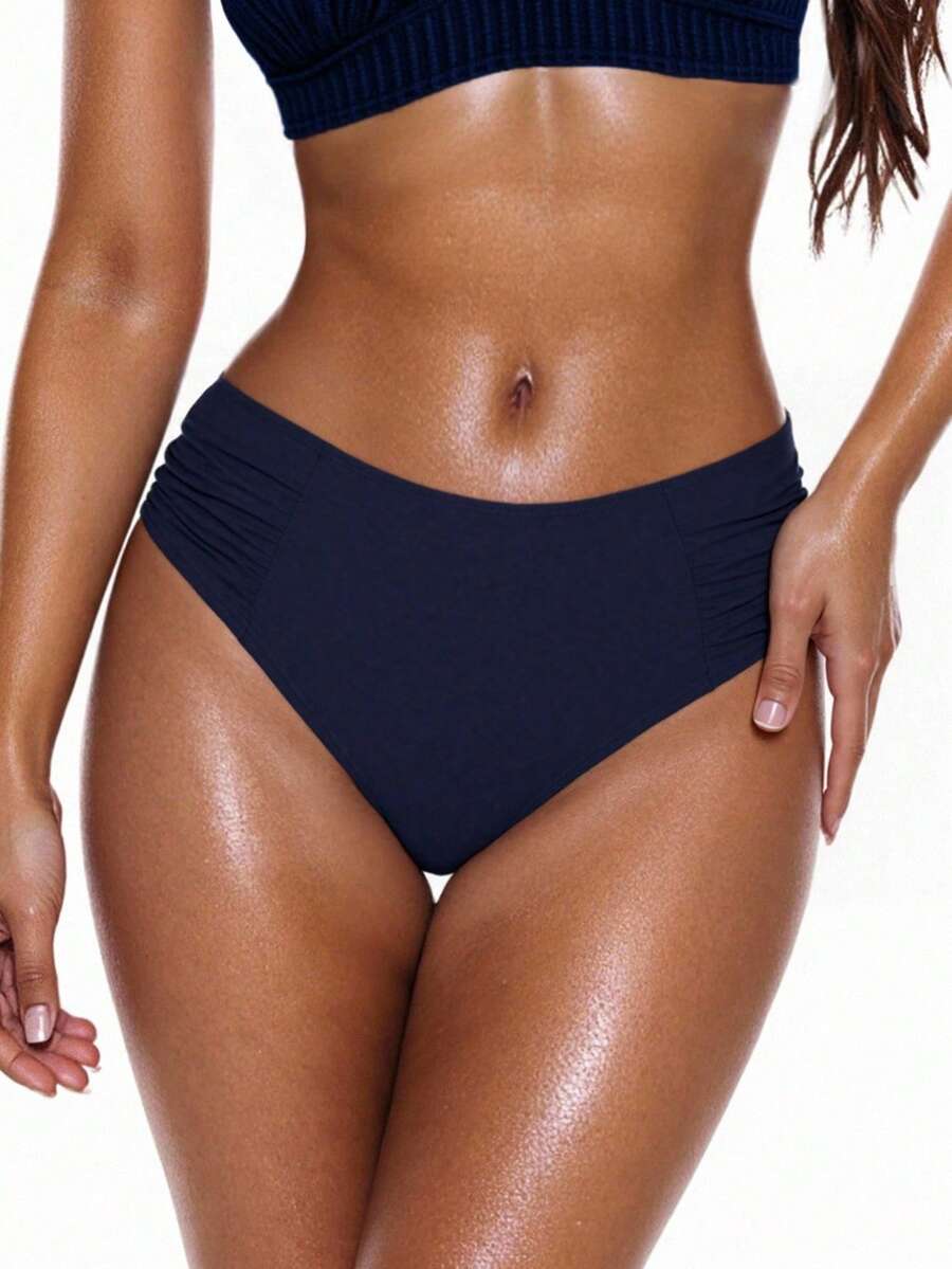 Swim Basics Quần Bikini Xếp Ly Màu Trơn Cho Nữ, Đi Biển Mùa Hè - Màu xanh hải quân - Xem 1