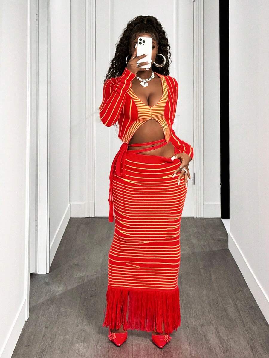 BamGleam 2件套女士冬季毛衣+流苏长裙套装 - 紅色 - 查看 1