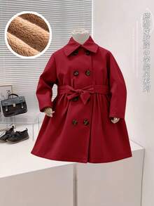 SHEIN Baby Girl Khaki Thermal Lined Long Coat With Lapel Collar, Casual & Cute, Autumn/Winter