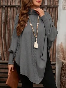 EMERY ROSE Women's Solid Color Knitted Button High Neck Batwing Long Sleeve Cape Style Fitted Elegant Sweater, Autumn/Winter - Grey - View 8