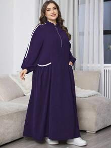 Al Najma 加大码休闲大口袋拉链舒适宽松黑色长裙女装 - 紫色 - 查看 4