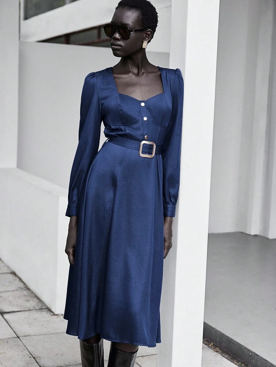 Lumivelle Denim Blue Metal Button Decor Long Sleeve Midi Dress - Royal Blue - View 1