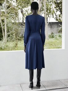 Lumivelle Denim Blue Metal Button Decor Long Sleeve Midi Dress - Royal Blue - View 3