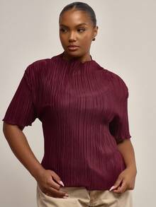 MUSERA Plus Plisse 高领落肩短袖上衣，冬季，日常，可爱，休闲，舒适，Gallerie 节日，假日，派对，春夏复活节 - 酒紅色 - 查看 1