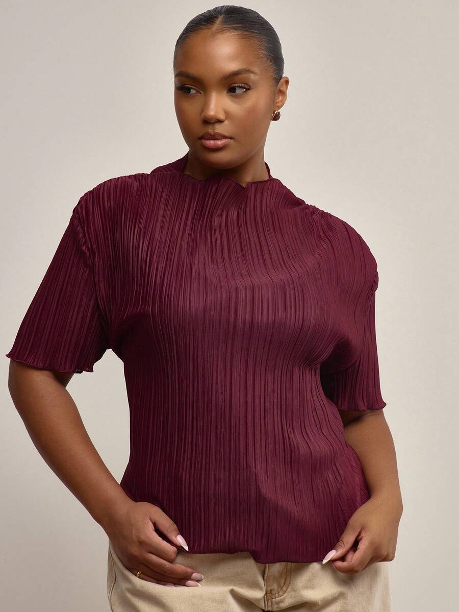 MUSERA Plus Plisse 高领落肩短袖上衣，冬季，日常，可爱，休闲，舒适，Gallerie 节日，假日，派对，春夏复活节 - 酒紅色 - 查看 1