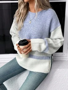 EMERY ROSE Women's Casual Contrast Color Crew Neck Knit Top With Hem Slit, Versatile For Autumn/Winter