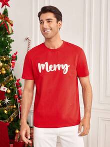 Manfinity RelaxMax Men's Christmas Letter Embroidery Short Sleeve T-Shirt - Red - View 5