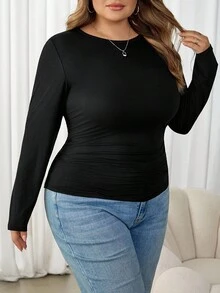 SHEIN CURVE+ 冬季加厚圆领修身长袖保暖T恤，休闲日常穿着，适合节日和感恩节穿着 - 黑色 - 查看 9