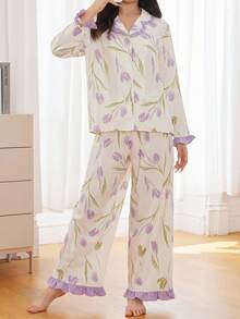 Teen Girls Casual Home Cute Flower Print Pattern Contrast Color Stitching Ruffled Home Wear Suit,Tulip Printed Ruffled Hem Pajama Set, Holiday Season - Multicolor - View 3