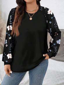 EMERY ROSE Floral Print Patchwork Plus Size Sweatshirt, Suitable For Autumn/Winter - Multicolor - View 1